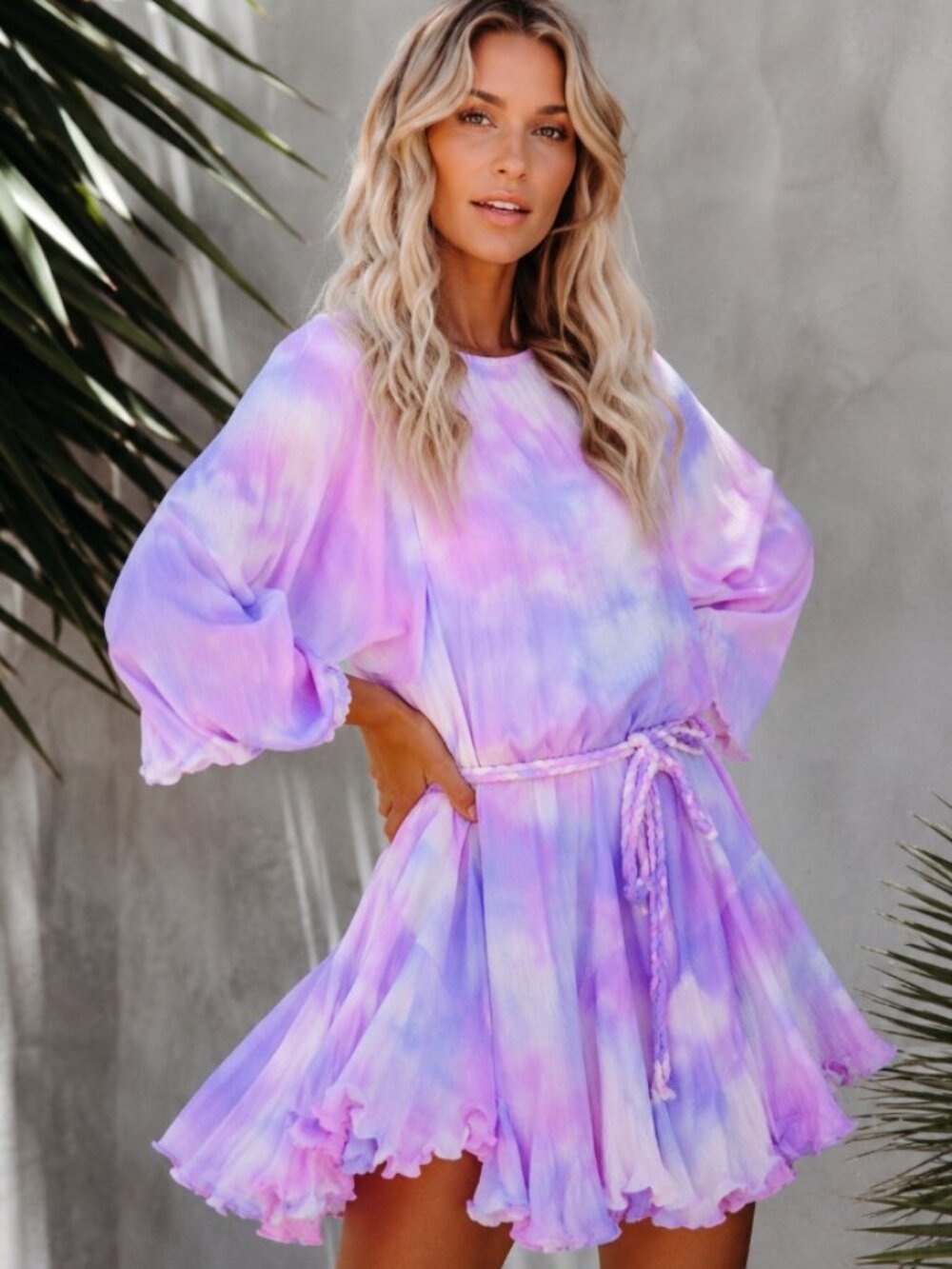 VICI Tie Dye Mini Dress Boho Festival Vacation Resort Pastel Braided Belt Dress